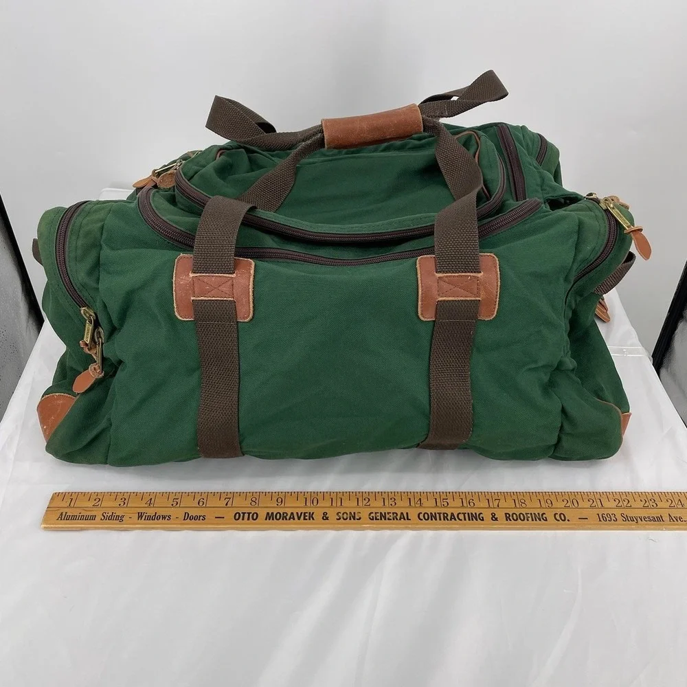 Vintage LL Bean Duffle Bag Green Canvas Leather Trim Weekender